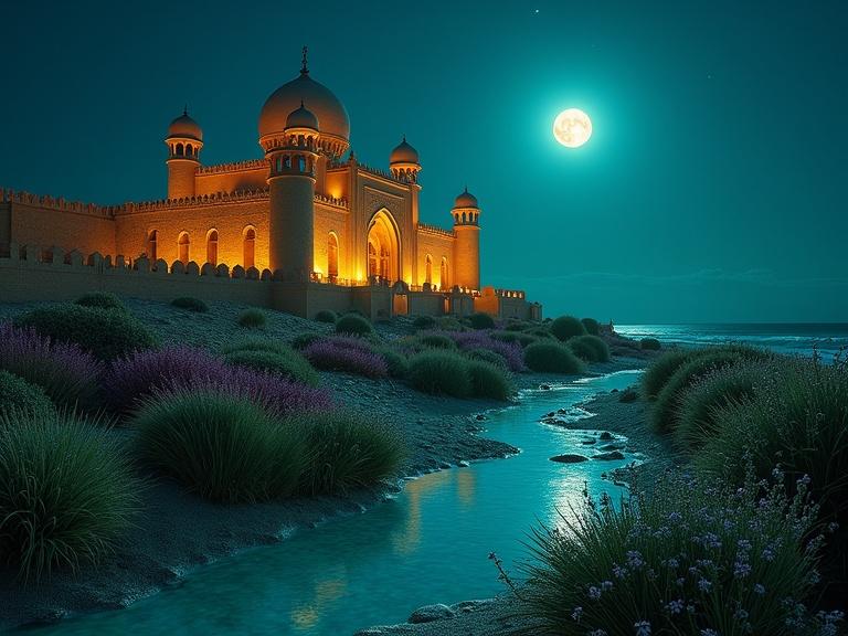 Ultrarealistic fortress at Caspian beach during midnight. A bioluminescent golden sandcastle sculpted into Naqsh-e Jahan Square. A crumbling Persian pleasure garden overrun with twisted topiaries, poisonous blooms, and abandoned relics. The moon is a glowing Faravahar symbol casting double shadows. The lighting includes warm lanterns and jade bioluminescence.