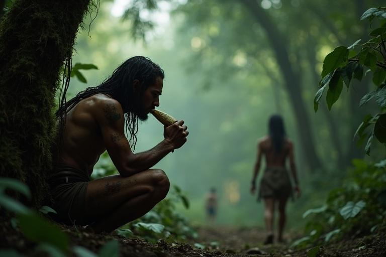 Jungle shadows hide a tribal cannibal. He crouches low behind a mossy tree. Mud covers his wild face. He sees a distant figure, Lara. He breathes sharply, raises a bone whistle. His body draped in scavenged skins. Crude paint on chest and face. Other cannibals stir nearby. Camera captures tense moment from behind. Lara's silhouette is blurry through foliage. Thick vines frame the scene.