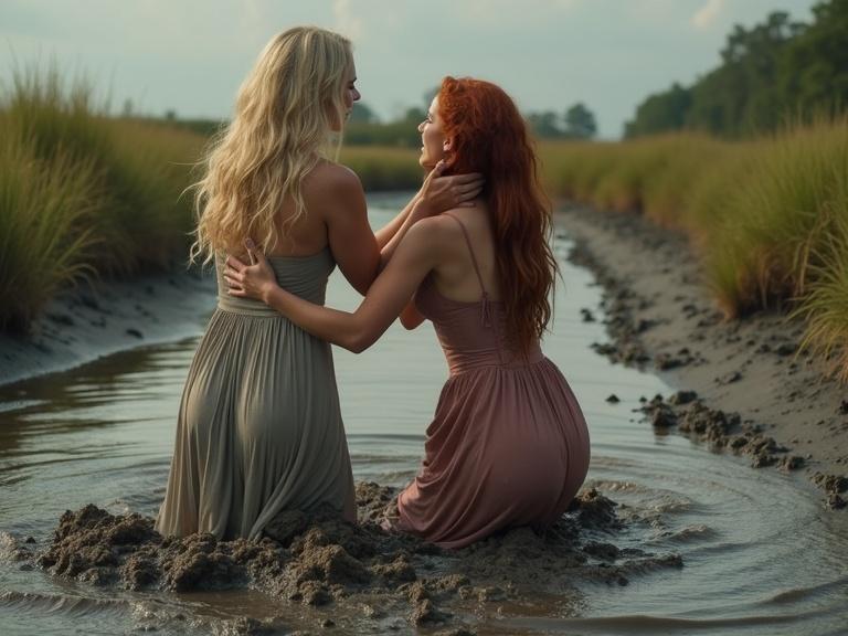 A blonde woman is caught in quicksand, a redhead woman clings to her. The blonde is chest-deep in dark muddy quicksand, the redhead is chin-deep. Their emotional struggle and fear are evident. Thick black textured quicksand with grass tufts around them. Both women are wearing summer dresses.