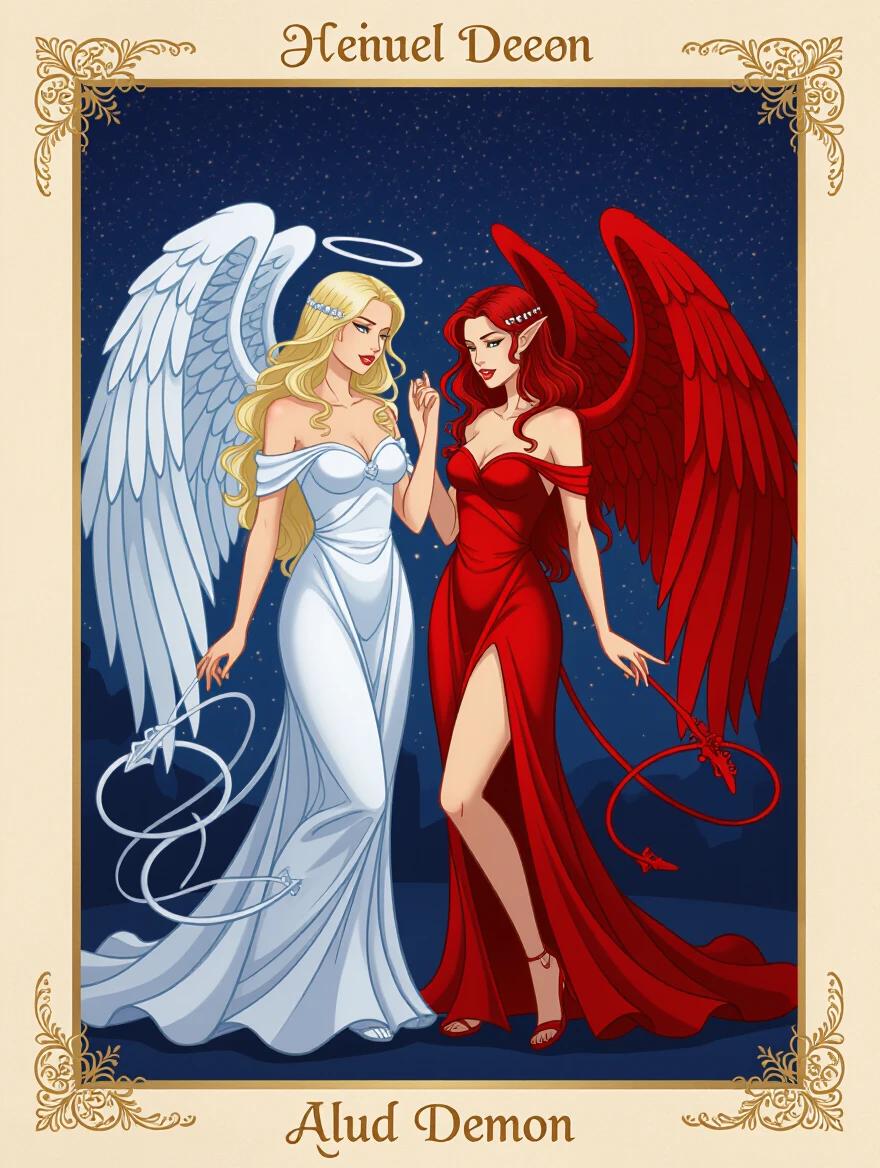 Illustration of an angel and a demon as women. The angel has blond hair and wears a white gown. The demon has red hair and wears a red dress. Both have wings and are positioned together.