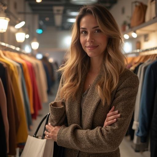 A woman shopping in a clothing store. She has a friendly smile and is wearing a stylish coat. The store features various colorful garments hanging on racks. Soft ambient lighting creates a warm atmosphere.