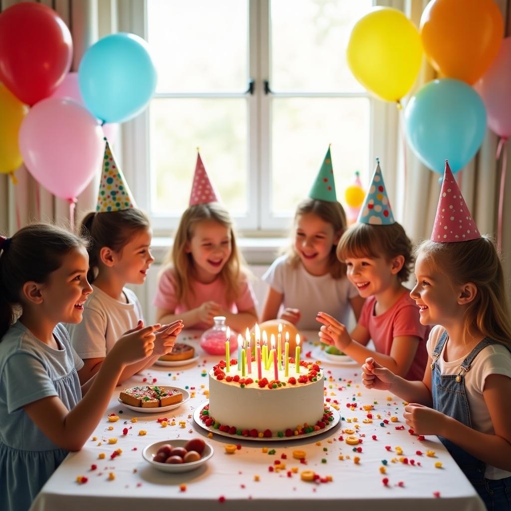 A cheerful scene of children celebrating a birthday party. Many children are sitting around a table filled with a big birthday cake. Colorful balloons and party hats add to the festive atmosphere. The children are smiling and enjoying the moment.