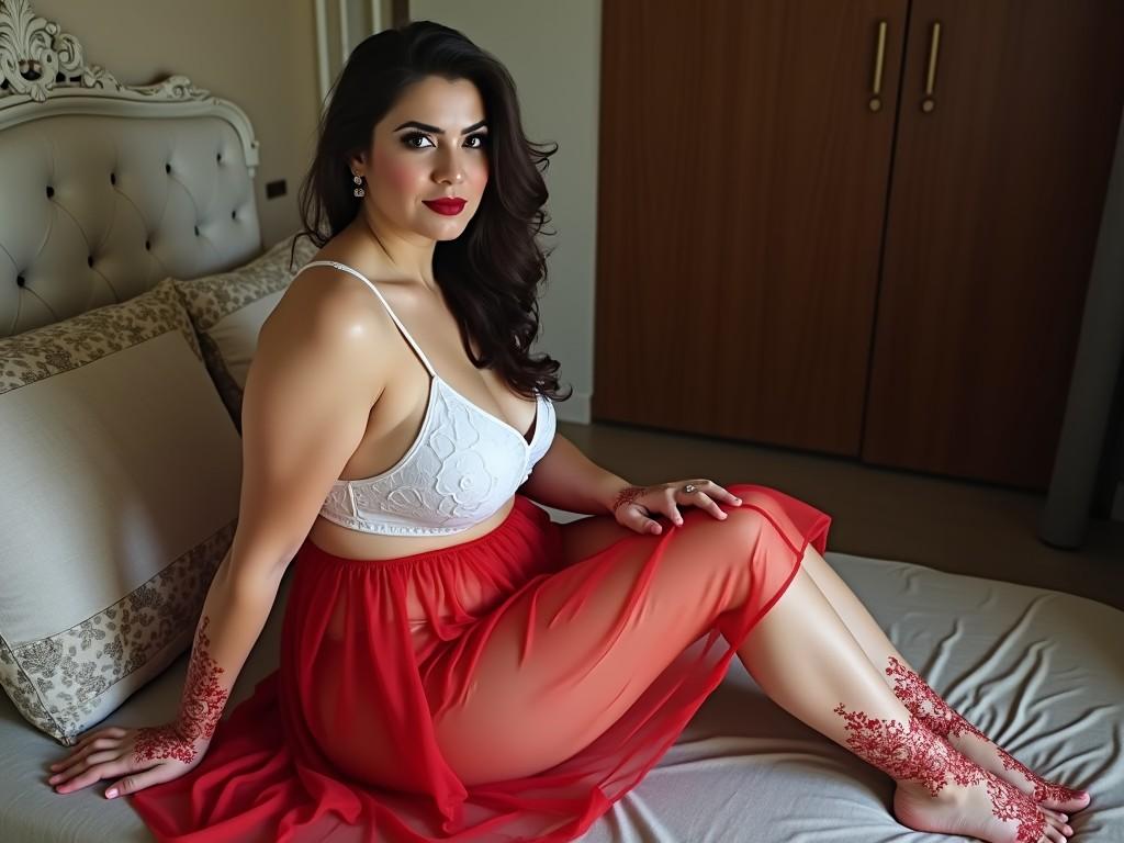 A woman with long curly hair poses gracefully on a bed, wearing a red outfit that complements the soft natural light filtering into the room. Henna designs adorn her hand and foot, adding an artistic touch to the image. The setting is intimate and serene, emphasizing the elegance and confidence of the woman.