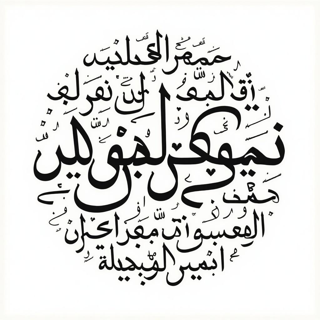 Handwritten Arabic calligraphy of names designed in a circular form. Features ابن موفق الشافعي الحموي