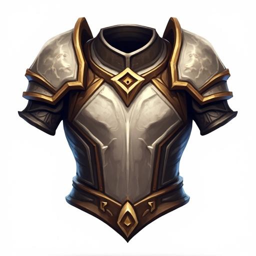 Icon depicting a rare breastplate with silver and white colors. Armor features ornate designs with brown and black accents. Styled for a card game, 48 x 48 pixels. Transparent background.