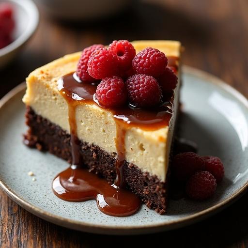 Close-up shot of a slice of hot fudge sundae brownie cheesecake topped with raspberries. Elegant and luxurious food presentation. Soft light enhancing the dessert's details. Plate placed on a wooden table in a kitchen setting.
