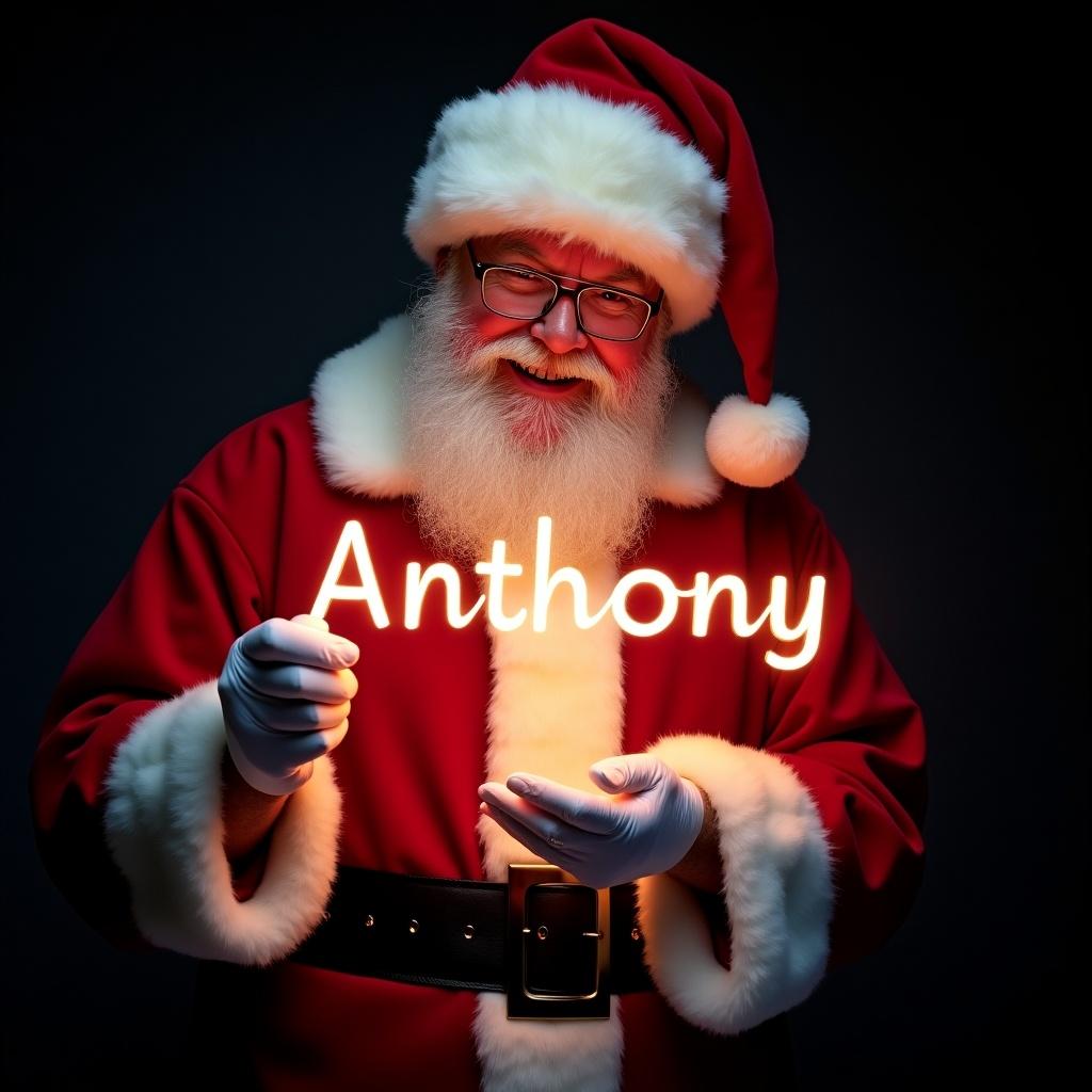 Festive image of Santa Claus in a traditional red and white suit. Santa holds a glow stick forming the name Anthony in bright light. Background is dark, enhancing the light. Santa's expression radiates joy and warmth during the Christmas season.