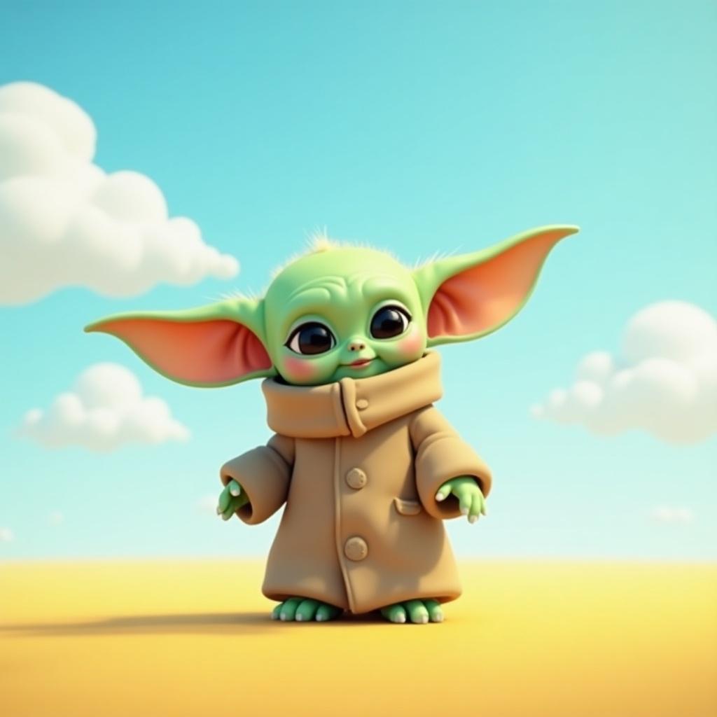 A character resembling Baby Yoda stands under a blue sky with a yellow ground. The character is wearing a coat and has large ears that stick out.