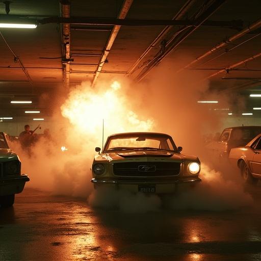 A vintage car in a dimly lit parking garage. Armed figures take cover behind vehicles. Gunfire erupts with flashes of light. A scene filled with chaos and tension. The car suddenly explodes in a fiery eruption, illuminating the chaos and fear