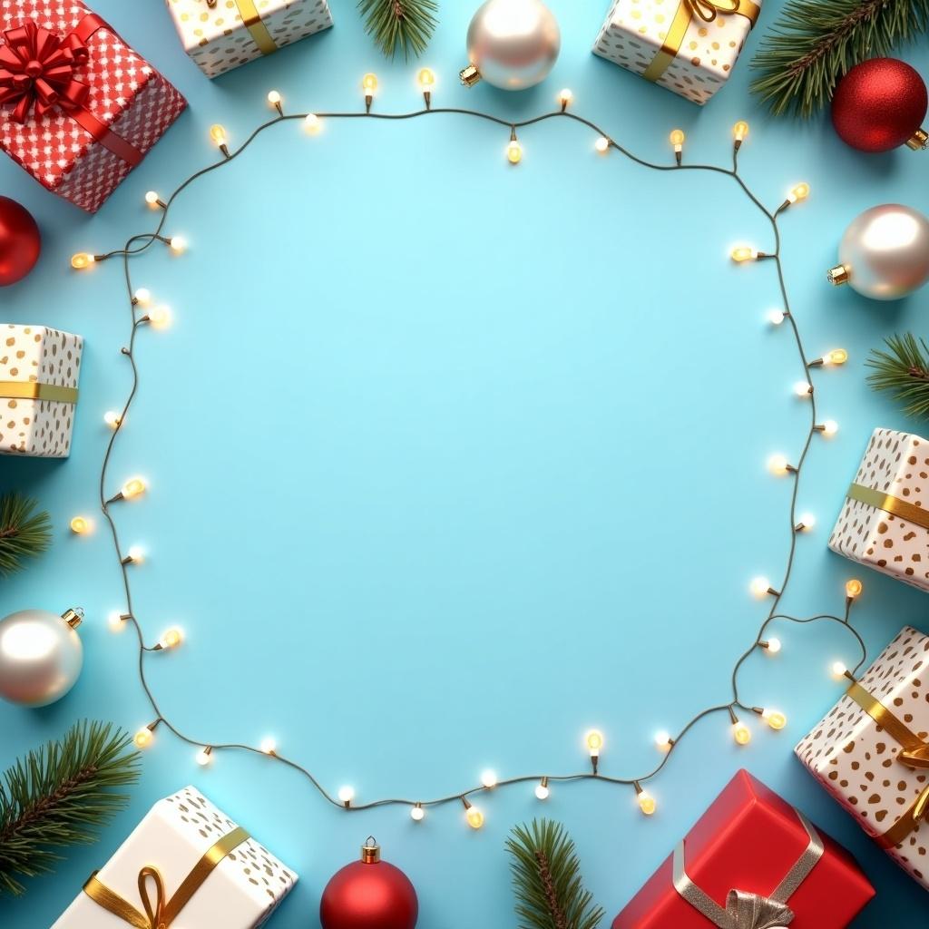 Christmas decorations and lights arranged around a blank center on a blue background. Light blue, gold, white, and red decorations include gift boxes and ornaments.