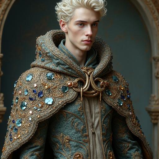 A male figure stands tall in a large jewel-covered cape. The cape is adorned with colorful gemstones and ornate designs. The lower half of his body transforms into a snake. The background features a mythological inspired setting. Influences from artists like Roberto Ferri and Sergey Krasovskiy are present in the style. Elements of sacred geometry are visible in the composition. The atmosphere conveys a sense of spring and renewal.