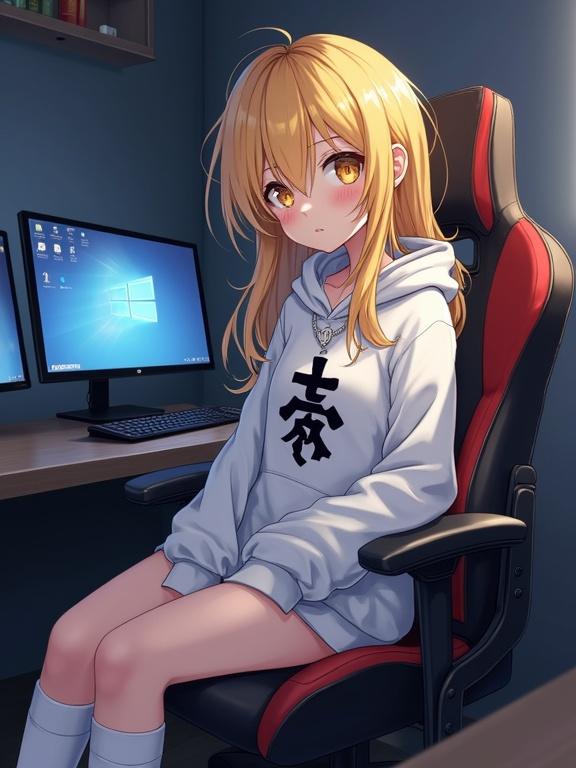 Anime character seated in gaming chair looking at viewer. Character has golden blonde messy hair and golden yellow eyes. Wears oversized white hoodie with Tokyo Ghoul kanji. Dimly lit room with computer setup in background. Character has small nose, light freckles, petite body with thick thighs.