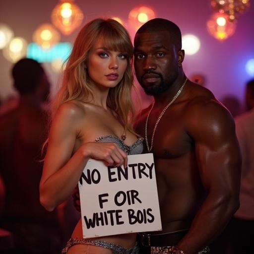 Nightclub ambiance with a woman holding a sign. Stunning woman with long blonde hair and blue eyes. Man stands closely beside her. Colorful lights illuminate the scene. Scene evokes nightclub energy. The woman is in a push-up bikini top and skirt. Background shows other people enjoying the atmosphere.