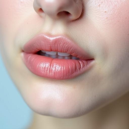Close-up of a woman's mouth showcasing beautiful lips with soft pink color and light blue background