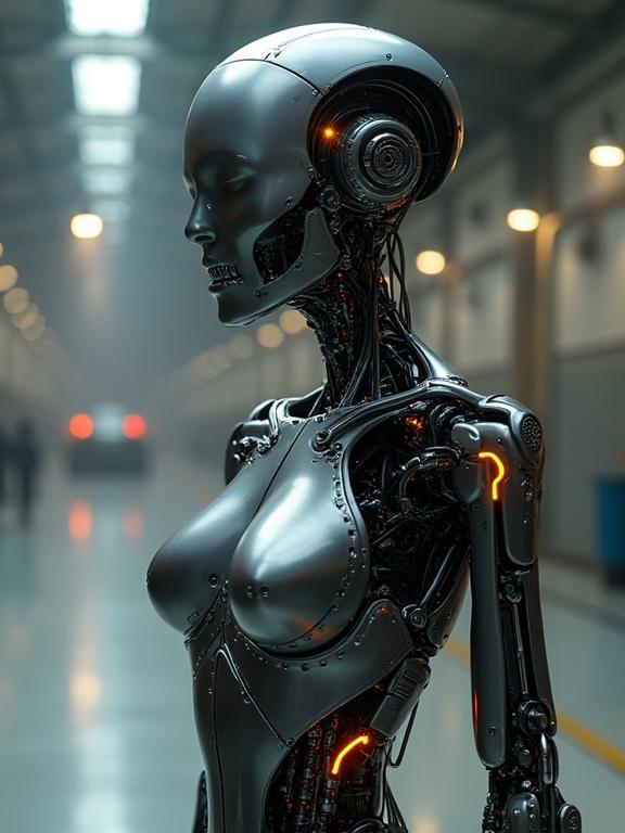 A full-body female combat endoskeleton robot with a skeletal head. Made of anodized titanium with graphene-reinforced joints. No human-like facial features. Structures highlighted with fiber optics, showing strong stance. Background is a sci-fi hangar with cinematic lighting. Hyper-realistic 8K detail.