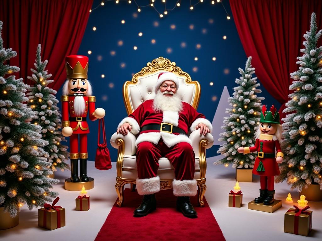 The image features Santa Claus seated on an ornate throne, surrounded by beautifully decorated Christmas trees. On either side of him are nutcracker figures, adding to the festive theme. The backdrop includes a rich blue color that contrasts with the warm tones of the decorations. There are gifts adorning the ground, enhancing the holiday spirit. The lighting is soft and warm, creating a cozy atmosphere perfect for the festive season.