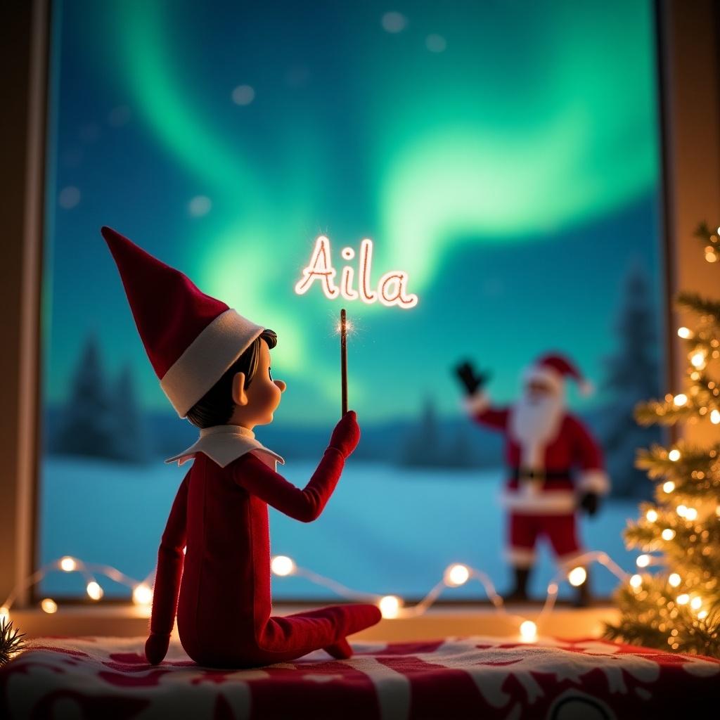 An adorable scene captures an Elf on the Shelf with his back to the viewer. He is facing a breathtaking nighttime sky illuminated by the northern lights. The elf, dressed in traditional holiday attire, is using a magic wand to elegantly write the name Aila in the air. In the background, Santa Claus joyfully waves, creating a sense of wonder and joy. The scene is completed with decorative Christmas elements like a beautifully lit tree and twinkling fairy lights, evoking a festive spirit.