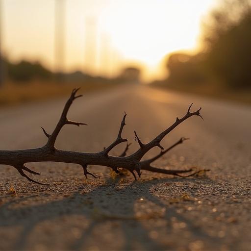 Close-up view of a dry thorny branch lying on a dusty road. The branch has sharp thorns. The scene is empty and quiet. Soft warm light from the side. Focus on the branch with the road fading into the background.