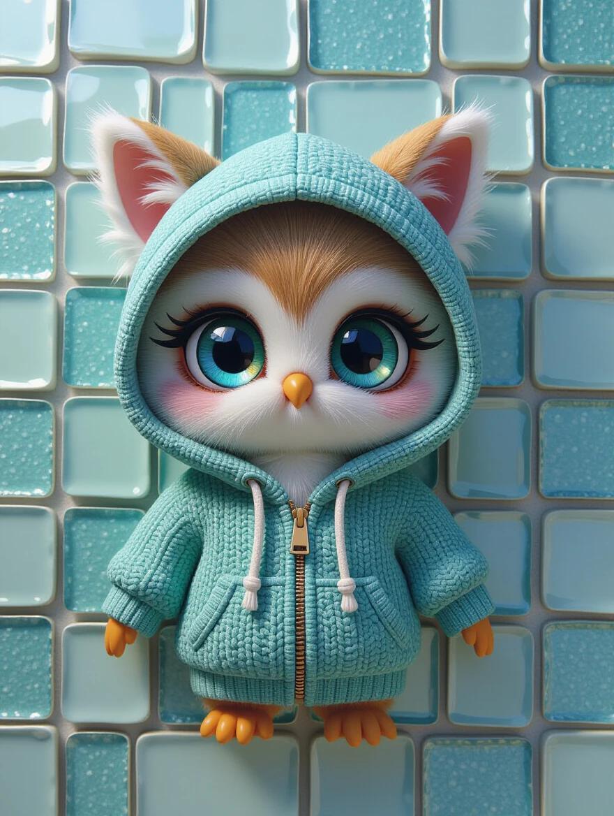 A Baby Owl plushie with large anime eyes is wearing a soft hoodie with cat ears. The background features iridescent ceramic tiles. The lighting is gentle and creates a whimsical atmosphere. The focus is on the plushie's appeal and its vibrant colors against the tiled background.