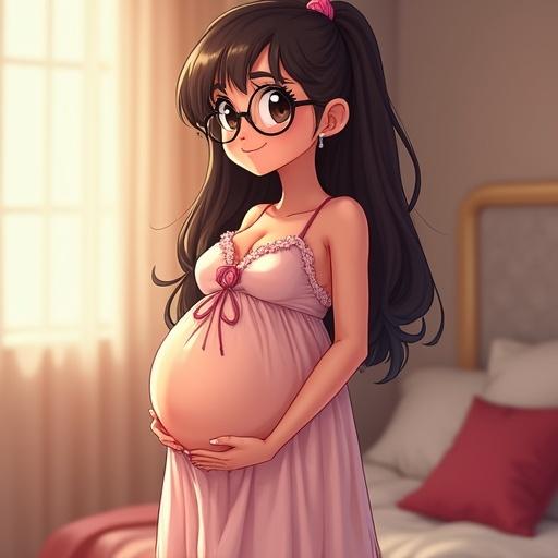 Cartoon character as a cheerful pregnant female standing indoors. Dressed in a casual sexy nightgown. Light setting inspired by Dragon Ball art style. High resolution.