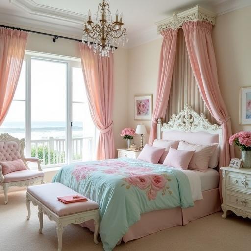 Photo of a shabby chic bedroom with light pink and white color scheme. Features include a white Rococo canopy bed. Crystal chandelier hangs above. Light aqua comforter with pink rose print on bed. Nightstand holds a vase of light pink roses. Light cream walls decorate the room. Window with beach view lets in soft light.