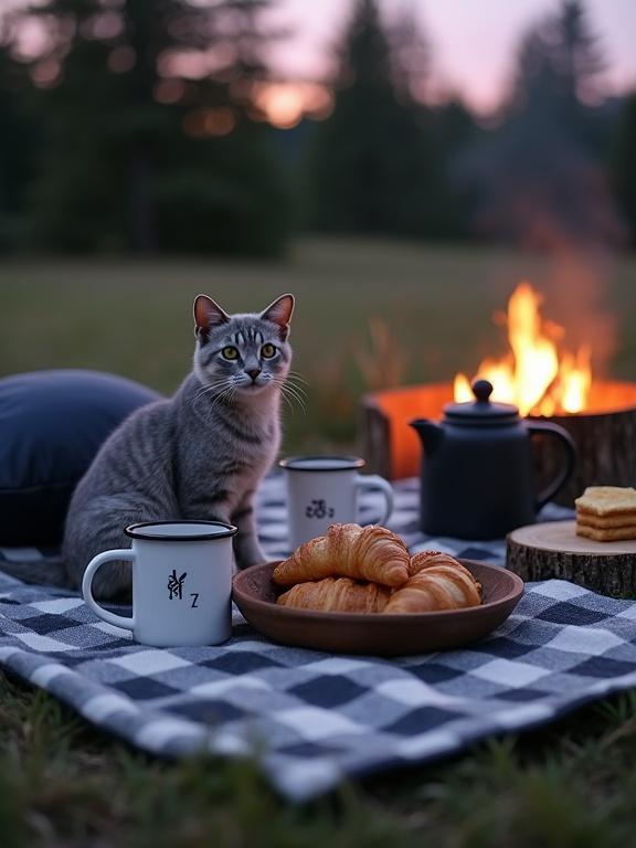 Cozy outdoor picnic setup during twilight features a cat beside a campfire. A black teapot sits on a rustic stump. White mugs with black designs are next to a wooden bowl of golden-brown pastries. A plaid blanket lays on the grass. The setting is peaceful with trees in the background.