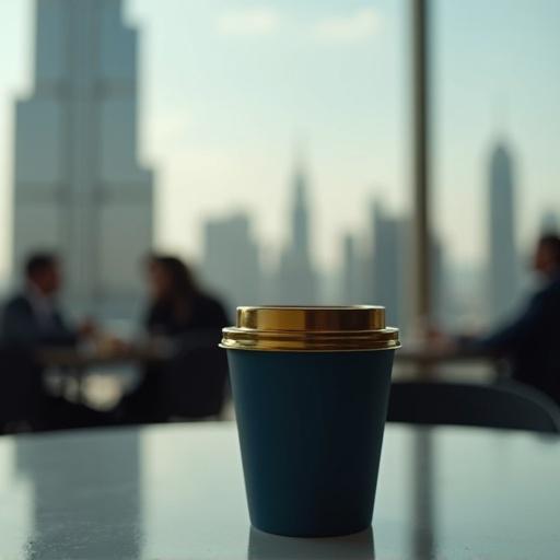 Scene showing dark blue paper coffee cup with gold top on table inside cafe. Background is Burj Khalifa in Dubai. Background appears out of focus in movie scene.