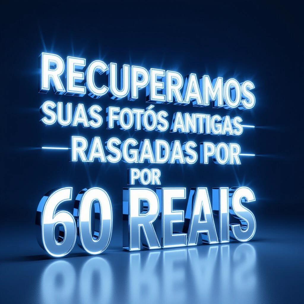 3D advertising scene with clear readability. Bold 3D text saying 'RECUPERAMOS SUAS FOTOS ANTIGAS RASGADAS POR 60 REAIS'. Polished chrome with blue LED backlighting. Centered text occupying 70% of space. Visual aids include before/after photo frames and icons for restoration. Soft white to blue gradient background. Bright lighting and high contrast colors for clarity. Professional quality with sharp text.