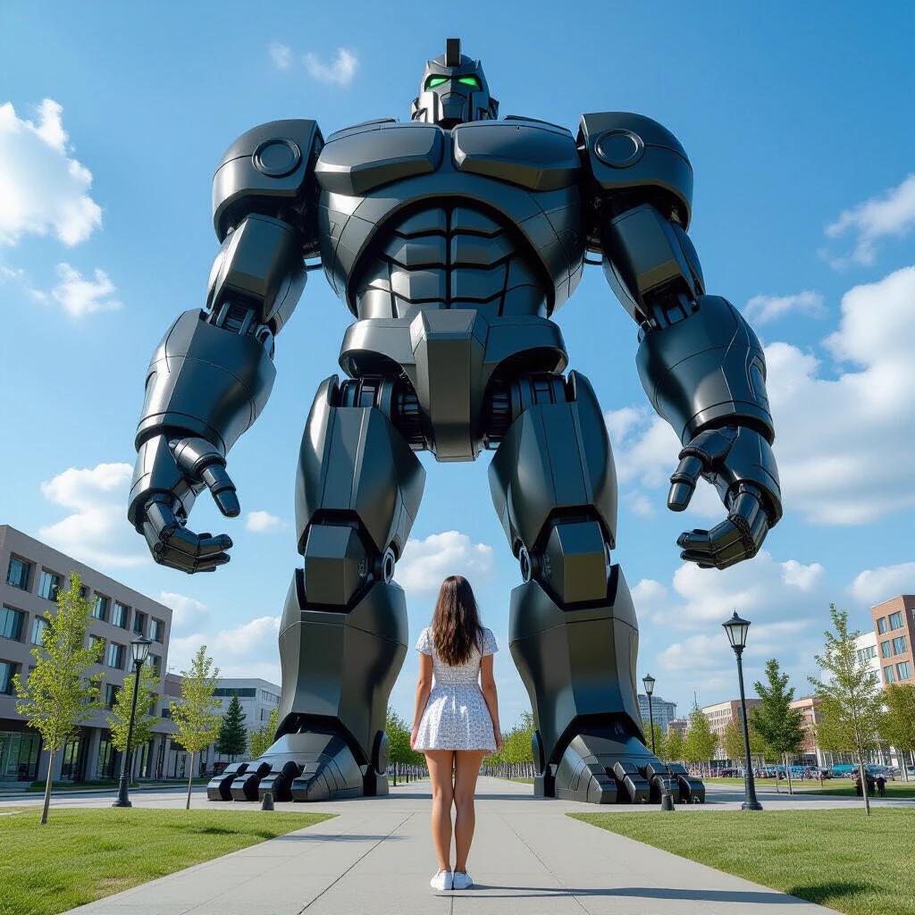 A casual photo depicts a giant robot in a modern urban area. A woman stands in front of the robot looking up. Buildings and trees are visible in the background. The scene is bright and sunny.