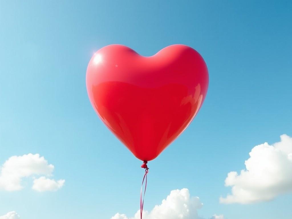 A large, vibrant red heart-shaped balloon is floating high against a clear blue sky dotted with fluffy white clouds. The balloon appears glossy, reflecting sunlight and creating a cheerful ambiance. It gives off an impression of love and celebration, making it ideal for romantic occasions. This image evokes feelings of joy, happiness, and warmth. It is perfect for use in promotional materials related to love, relationships, and joyful events.