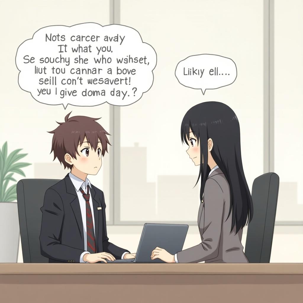 An anime-style illustration features two characters in a formal conversation at a desk. The setting resembles a professional job interview within a minimalistic office. One character has short brown hair, wearing a formal suit, asking a question with a neutral expression. The other character has long black hair, dressed in a neat blazer, listening attentively. The background shows a clean desk with a laptop and a window that offers a simple cityscape view. The overall mood represents seriousness and professionalism, characterized by muted colors.