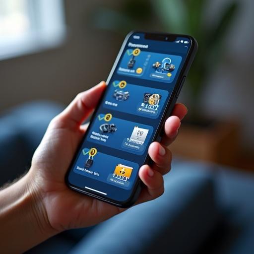 Player holds smartphone displaying rewards interface. Features merchandise access passes and exclusive items. Clean e-commerce design with verification symbols. Realistic and modern smartphone aesthetics.