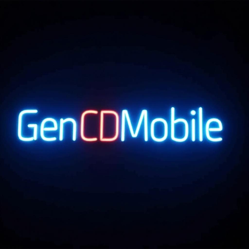 Image displays the word GenCODMobile in neon lights. Letters glow bright light blue. Dark background enhances neon effect. Slight red glow surrounds letters.