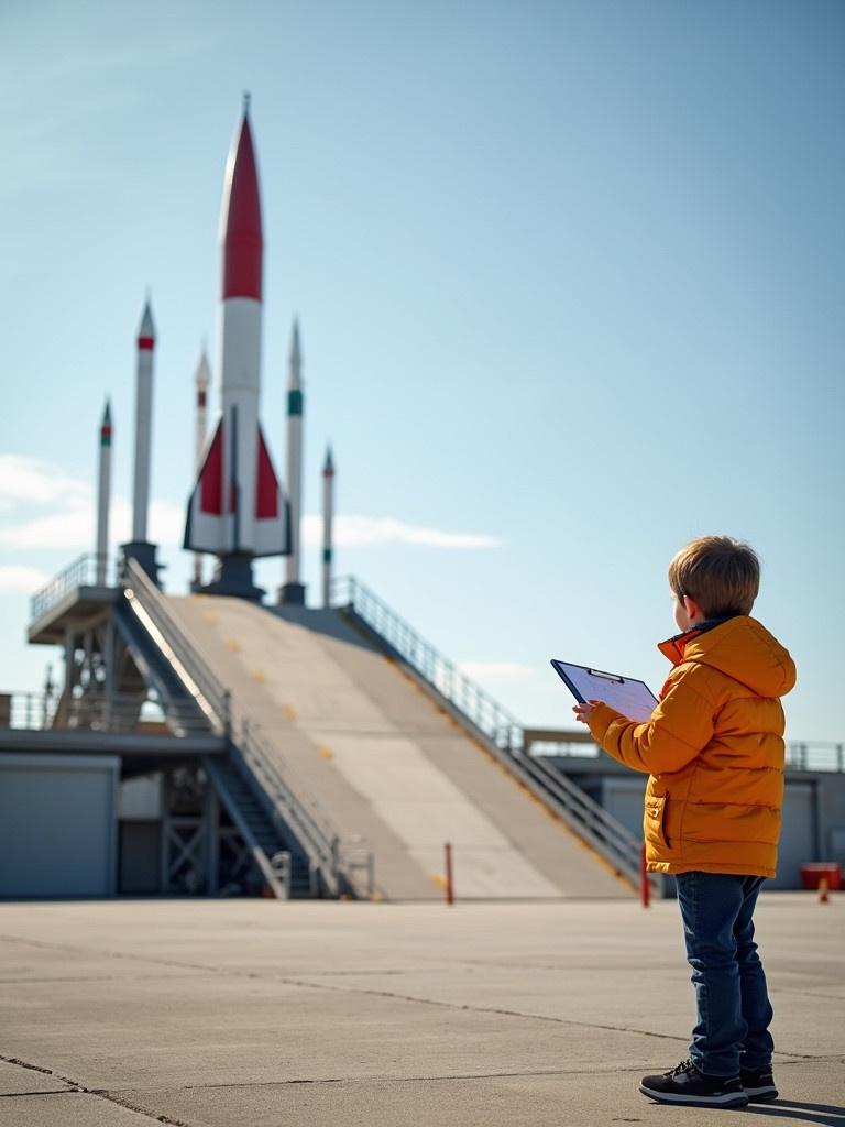 A child in a yellow jacket stands near a sloped launch ramp. The ramp is for model rockets. The ramp is steep and points skyward. The child holds a clipboard and looks at the ramp. Several model rockets are lined up pointing into the sky. The platform where the ramp is situated is elevated.