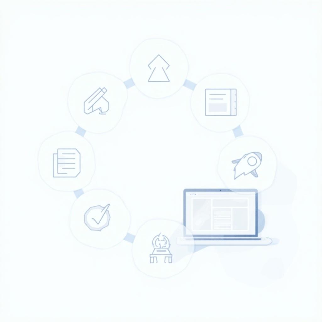 Sleek and modern representation of web development. Flowchart with stages like planning, design, development, testing, and deployment. Icons representing each stage. Laptop displaying web portal interface in progress. Clean and minimalist style with tech-oriented color palette. Subtle background gradients or geometric patterns. Optional text: 'Key Stages of Web Portal Development.'