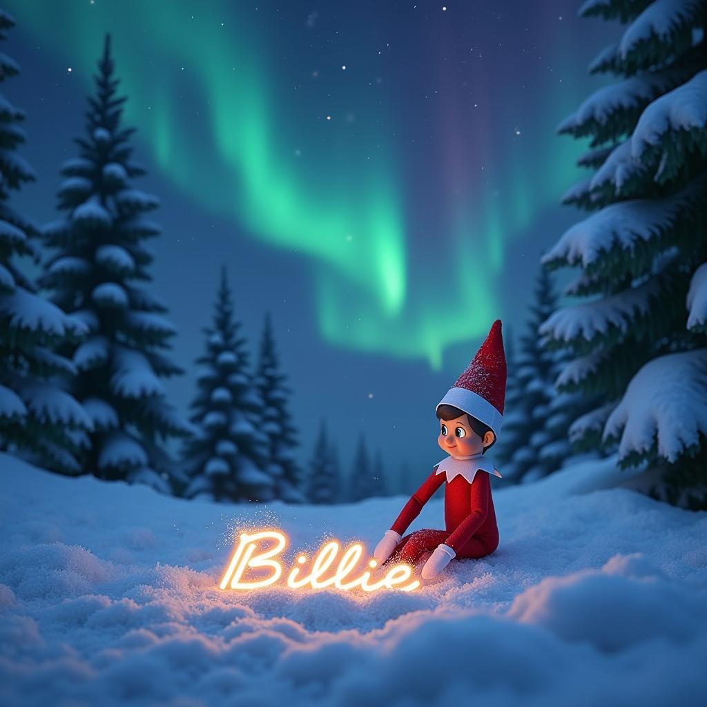 Animated elf from the Elf on the Shelf tradition sitting in the snow. The elf wears a classic red outfit. Intently writing the name 'Billie' in the snow. Beautifully crafted cursive name illuminated. Serene night sky with vibrant northern lights. Snow-covered pine trees frame the scene.