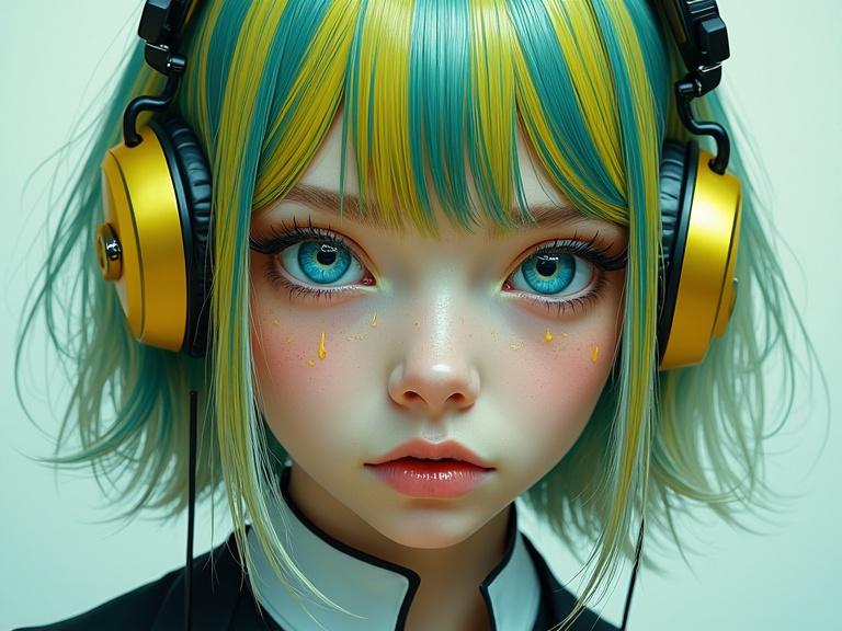 Portrait of a young female with vivid blue eyes wearing headphones. She has shoulder length green and yellow striped hair with silver tips. She wears a black and white loose shirt. Her skin is pale with patches of stained glass in green and yellow. The art embodies surrealism with bold colors and gradients.