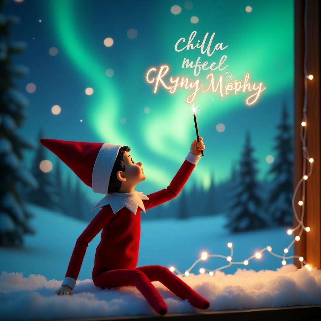 This image captures a charming scene featuring a girl elf on the shelf. The elf is dressed in a classic red outfit and is positioned with its back to the viewer. It gazes upwards towards a captivating sky illuminated by vibrant northern lights. In one hand, the elf holds a magic wand, which it uses to elegantly write the names Calla, Rynn, Murphy in sparkling letters above. The snowy ground enhances the serene and magical atmosphere of this holiday moment.