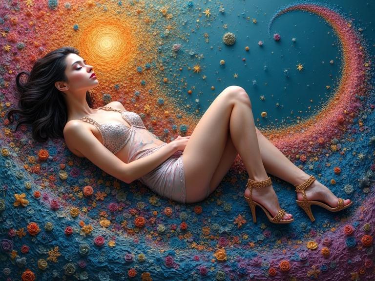 A sexy woman lying in an artistic pose surrounded by vibrant colors and flowers. The composition is inspired by pointillism and features an iridescent and metallic landscape made from paper quilling. The background is a swirl of colors including pastel and vibrant hues.