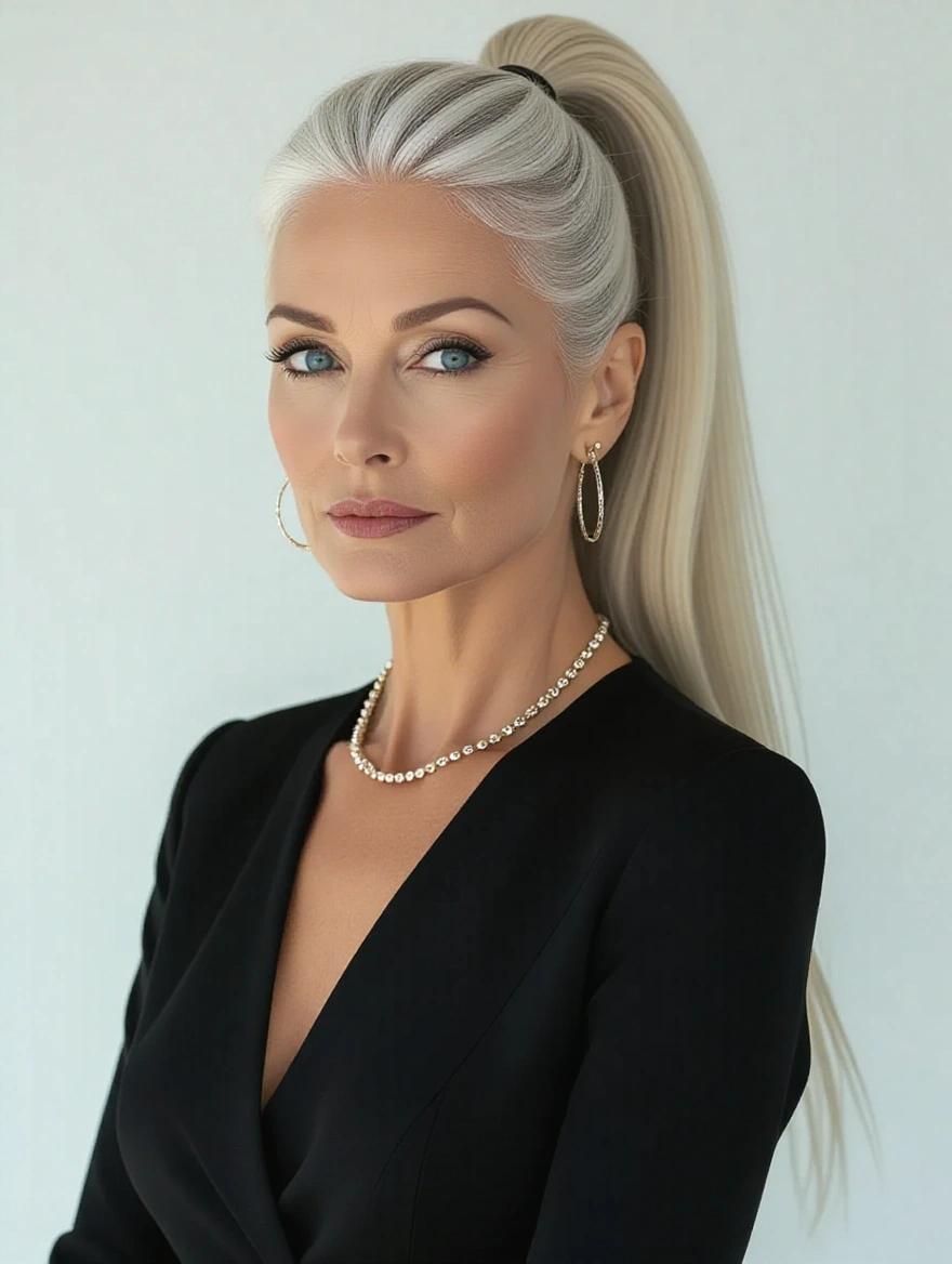 Portrait of a mature woman. She has a serious expression. Wearing an elegant black dress. Hair styled in a long white high ponytail. Showcasing blue eyes. Accessorized with a necklace and hoop earrings.