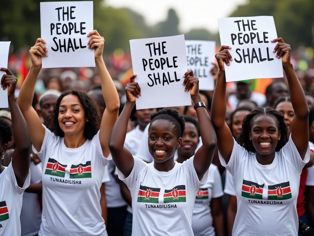 A group of diverse individuals in white shirts with a flag and the word 'Tunaadilisha' holding signs that read 'The People Shall', showcasing a peaceful social movement or protest.