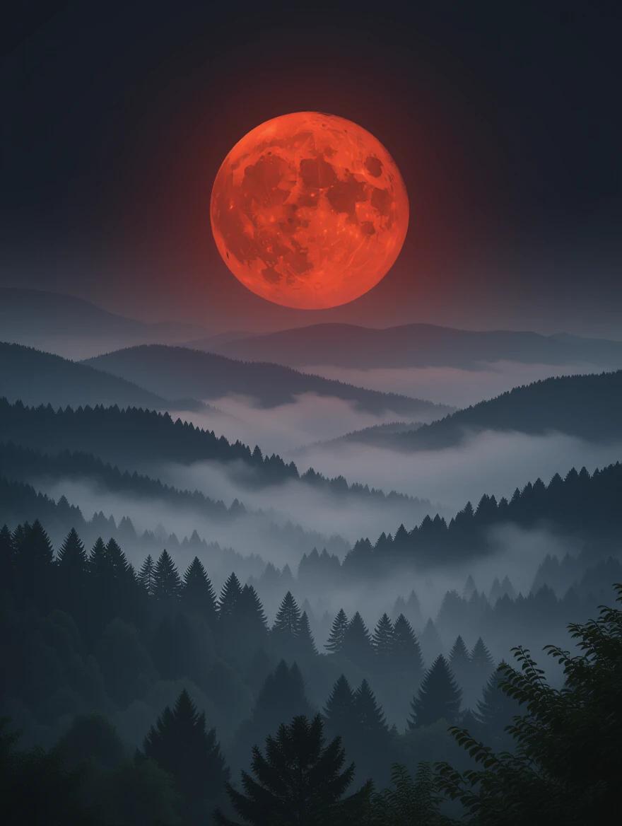 Foggy landscape with mountains. A bright red blood moon in the night sky. Dreamy and mysterious atmosphere. Layers of hills covered in mist.