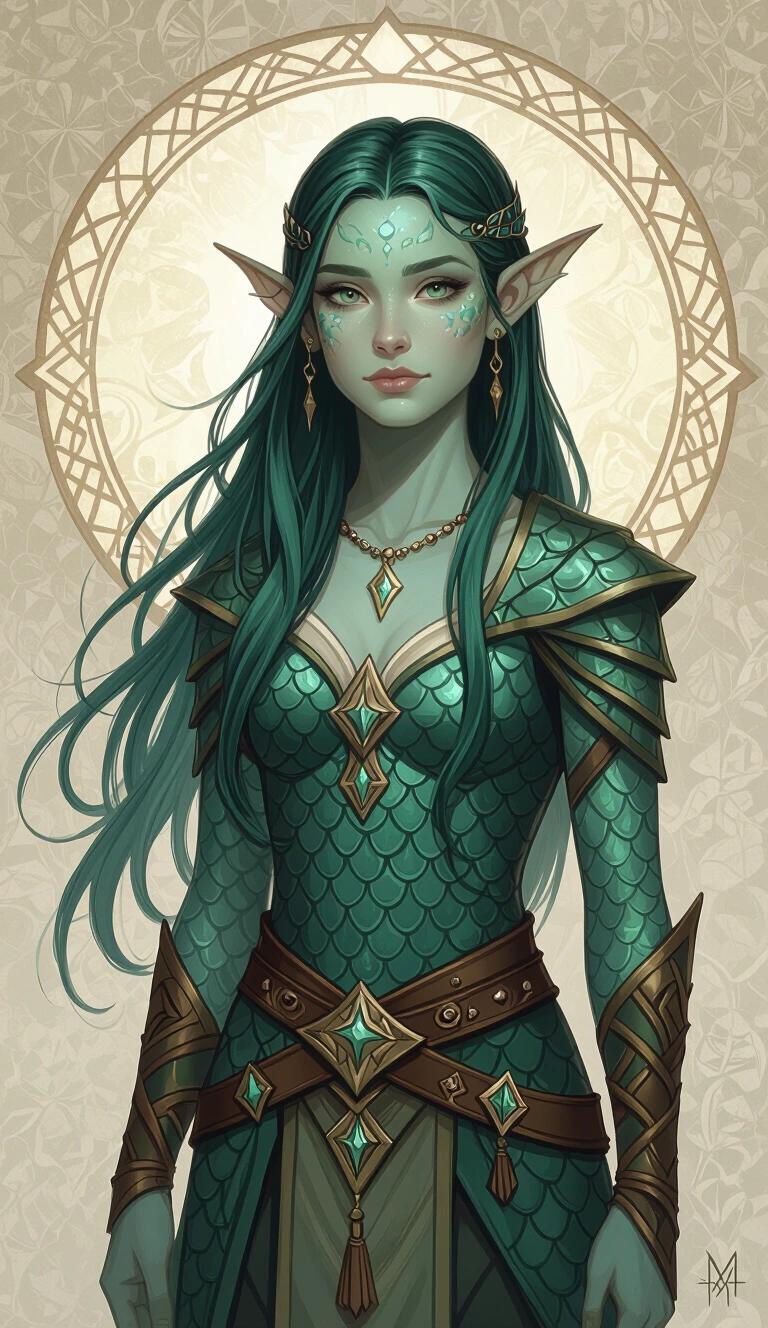 Acrylic painting of a young teen druidic character with fish-like features. The character has teal colored skin and sharp finned ears. The attire reflects Theros fantasy style. The design includes celestial elements. Long green hair complements the mystical appearance. The full body is depicted with intricate details.