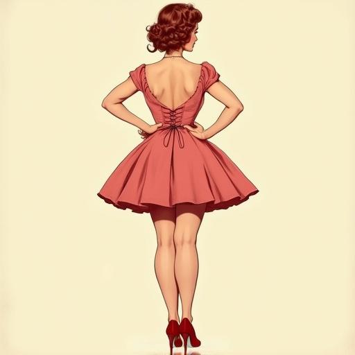 Pinup model illustration in pastel colors featuring a young woman. The woman is wearing a vintage dress with a flared skirt. She is viewed from behind, emphasizing her curvy figure and wide hips. She wears high heels and has a charming hairstyle.