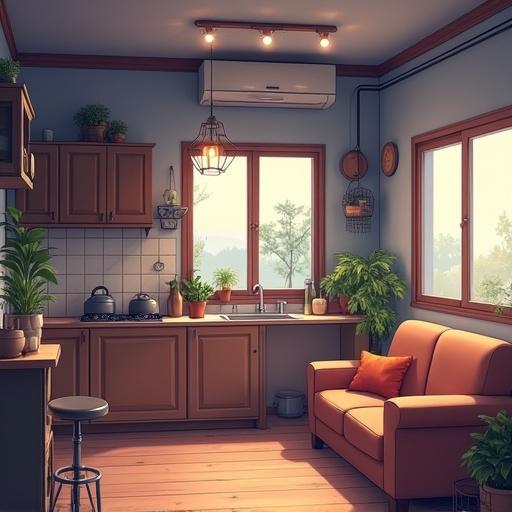 Small student apartment with a kitchen and a sofa in an anime style.
