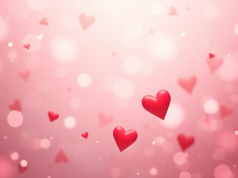 Soft pink and red hearts float on a pastel gradient background. Subtle bokeh creates an ethereal feel. Perfect for romantic themes or Valentine's Day.