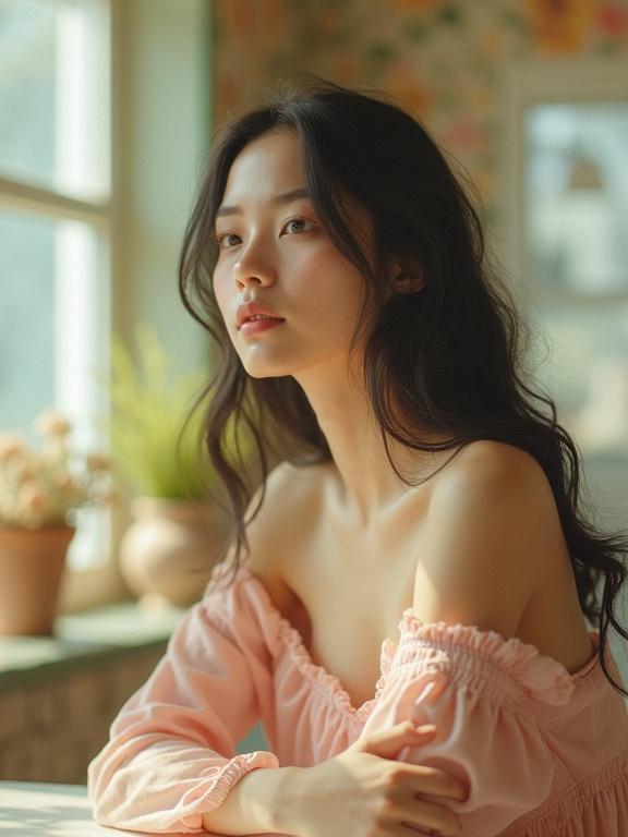 Create impactful high fashion photography featuring young Filipina woman. Incorporate dreamy pastel tones and warm colors. Capture blurred effects and film grain. Include whimsical props in cafe setting. Evoke nostalgia and ephemeral quality.