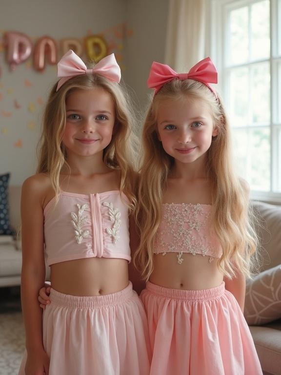 Two girls with blonde hair styled in long twin tails wearing pink bows and matching outfits celebrating a birthday in a cozy living room. They are smiling and looking happy together.
