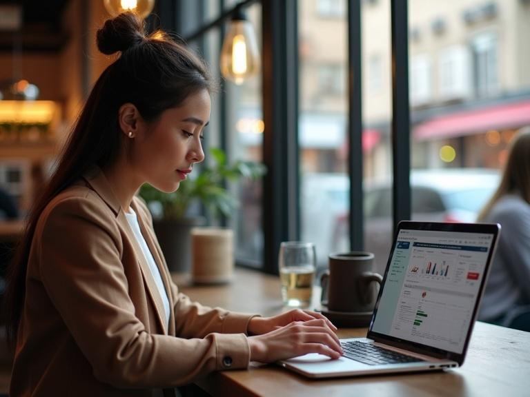 A woman entrepreneur in a coffee shop focused on her laptop screen featuring analytics and AI tools. People can be seen outside viewing online stores. The atmosphere is bright with natural light and has an optimistic feel.