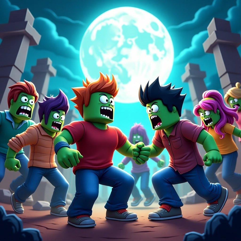 Roblox style illustration featuring a zombie army. Two characters are at the center facing each other. Background includes other zombies and a full moon. Dominant colors include green and blue. The art style is cartoonish and engaging. The setting is a spooky graveyard.